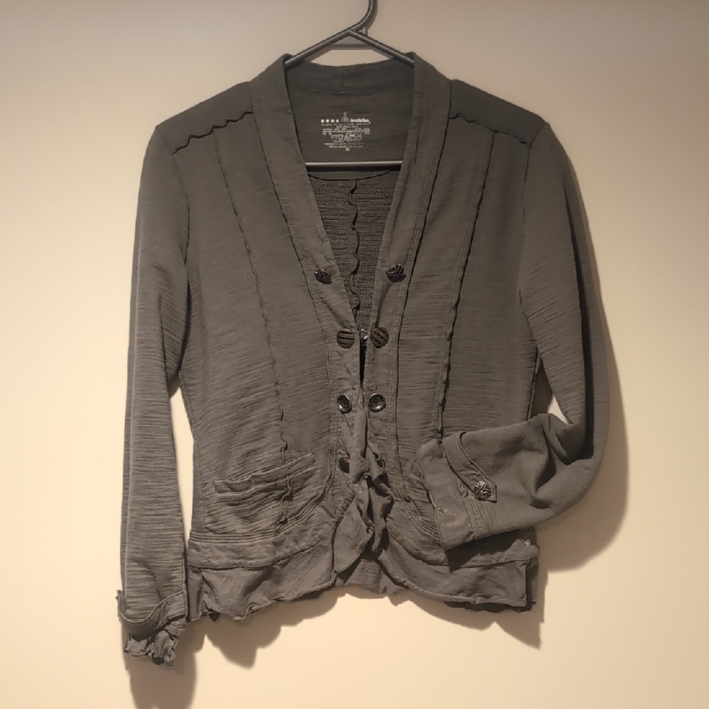 NEON BUDDHA - Casual Ruffle-Trim Button Cardigan Jacket - KHAKI